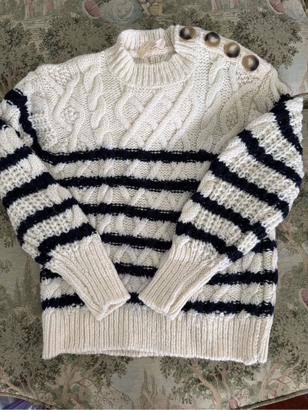 Sezane James Mariner Cream & Black Striped Cable-Knit Button-Shoulder Sweater
